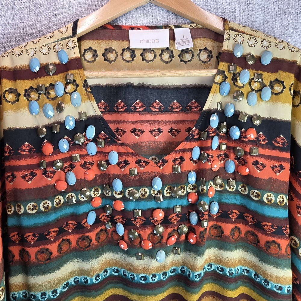 Chico's Boho Chic Multi Color Beaded Top 3/4 Sleeves Gathered Waist Tunic Sz 1 M